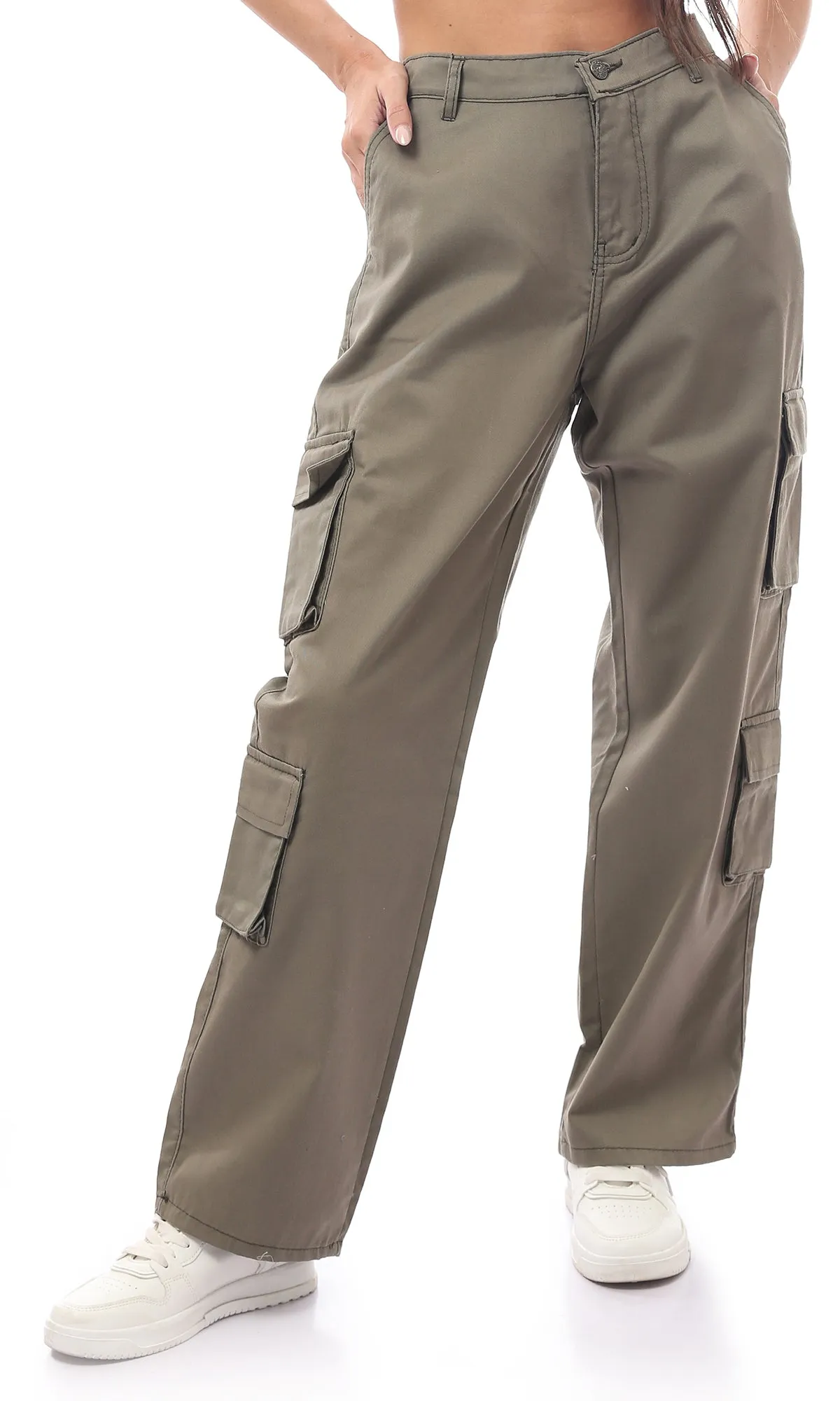 O169944 Olive Green Casual Buttoned Trousers