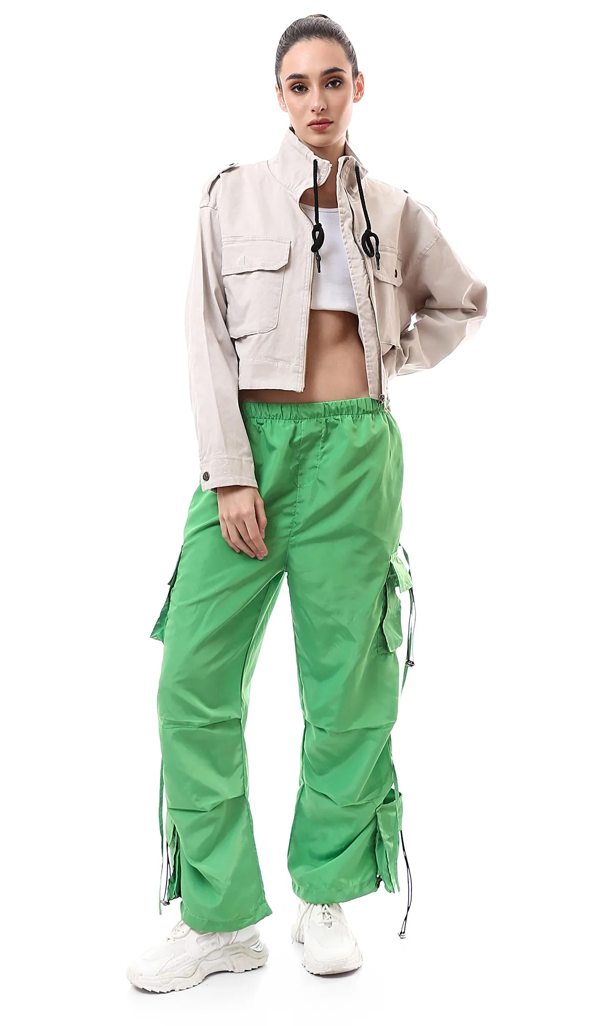 O174051 Slip On Light Green Cargo Pants With Adjustable Toggle