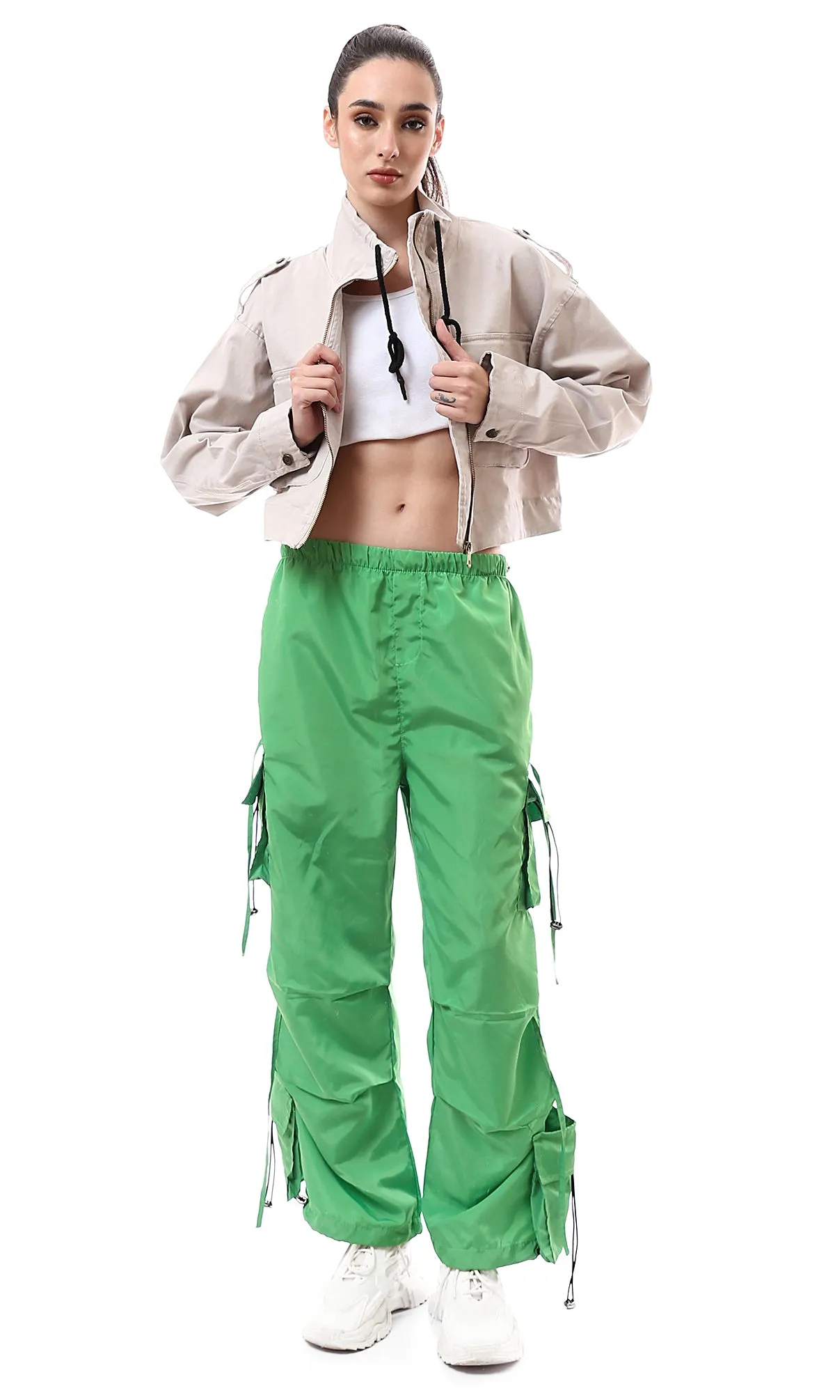 O174051 Slip On Light Green Cargo Pants With Adjustable Toggle