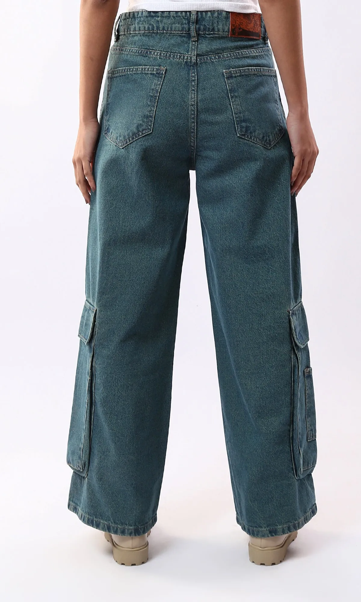 O177961 Solid Wide Leg Greenish Blue Casual Jeans