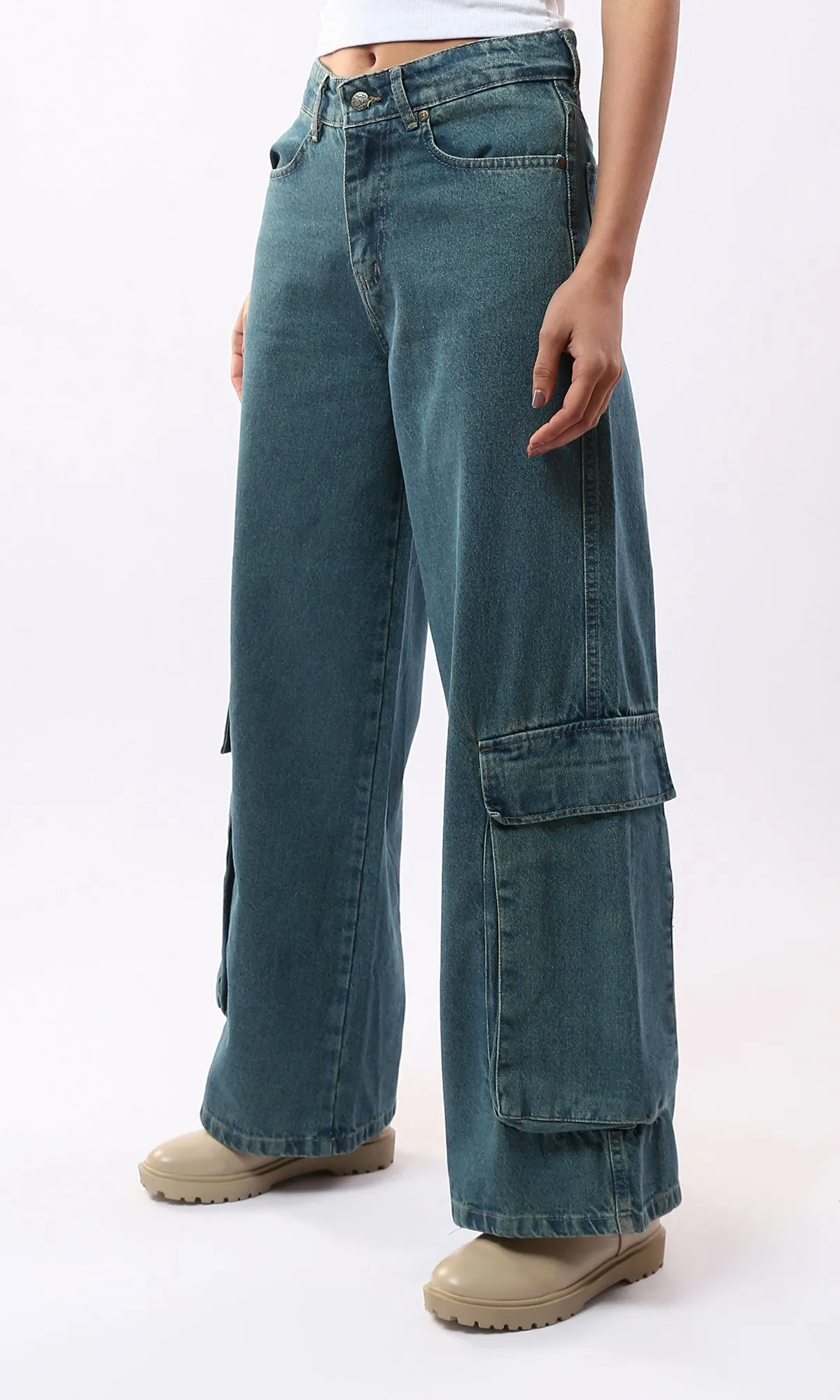 O177961 Solid Wide Leg Greenish Blue Casual Jeans