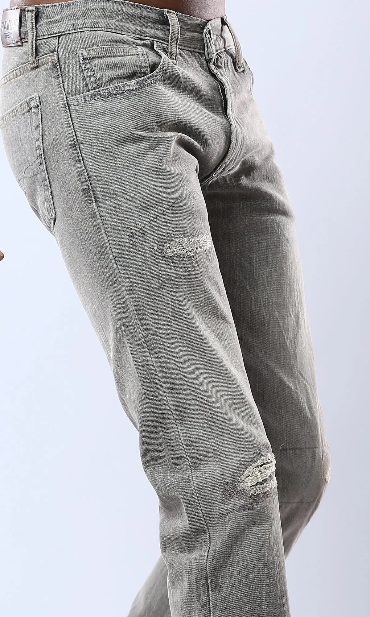 O179621 Light Grey Casual Jeans With Front Ripped