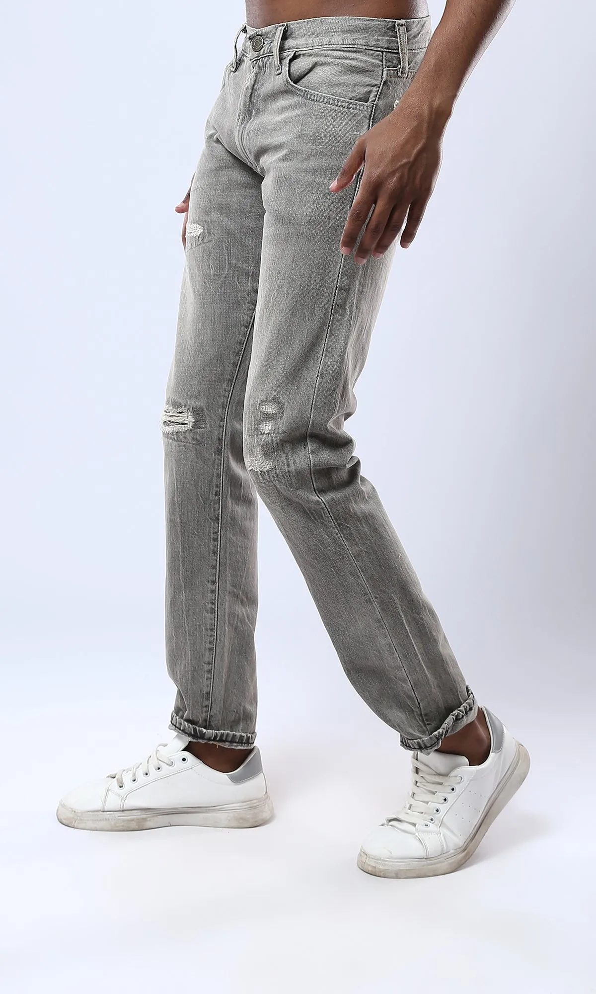 O179621 Light Grey Casual Jeans With Front Ripped