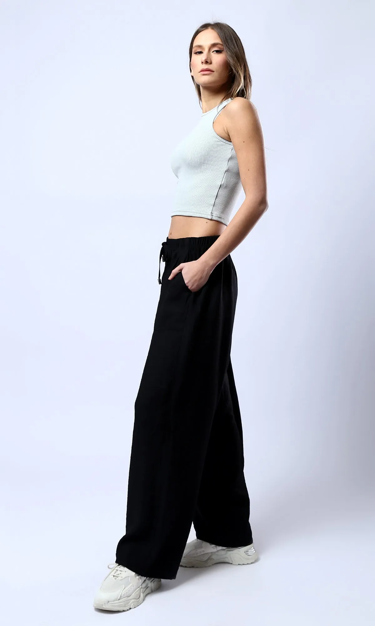 O179837 Wide Leg Black Pants With Elastic Waist