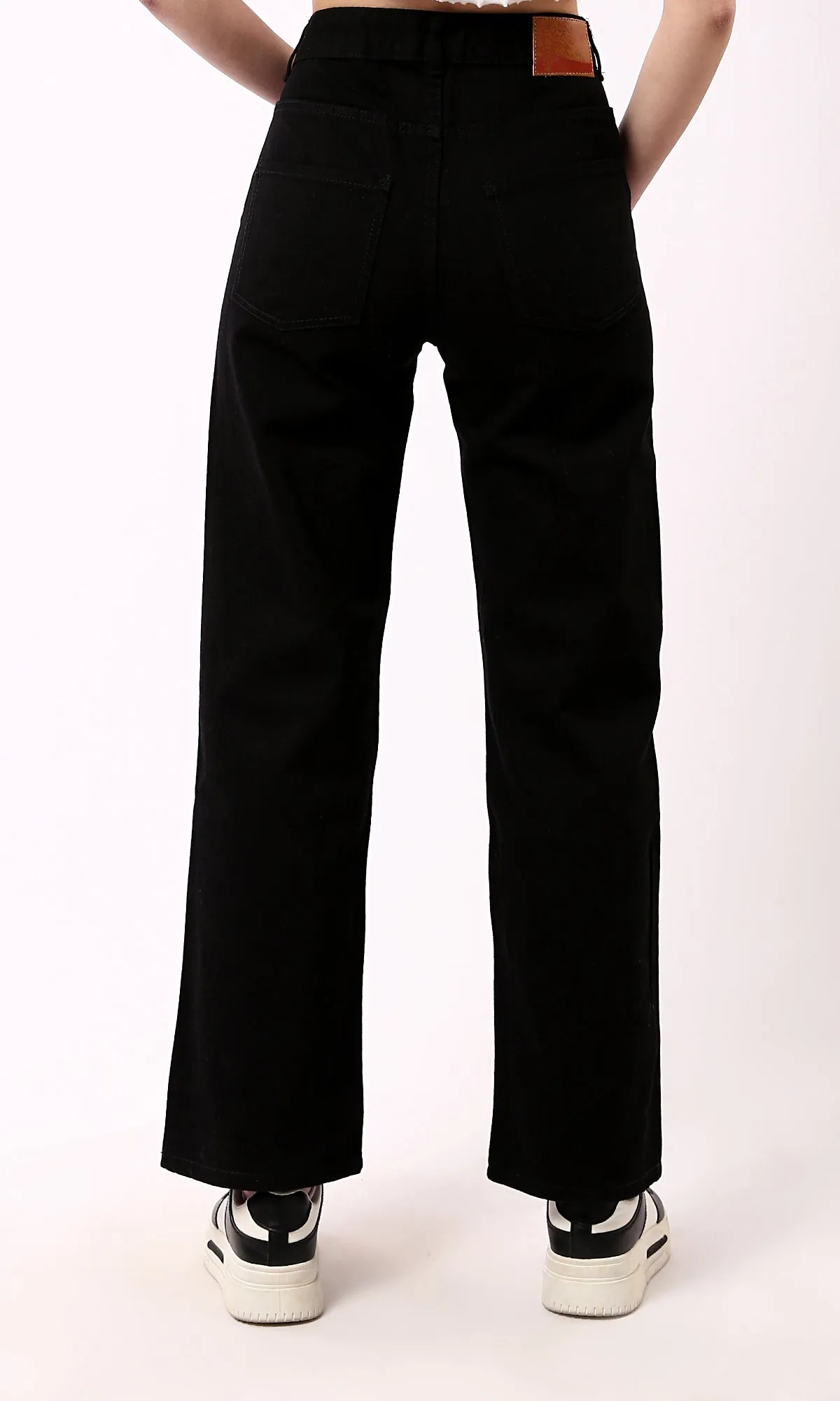 O189384 Solid Black Wide-Leg Casual Jeans