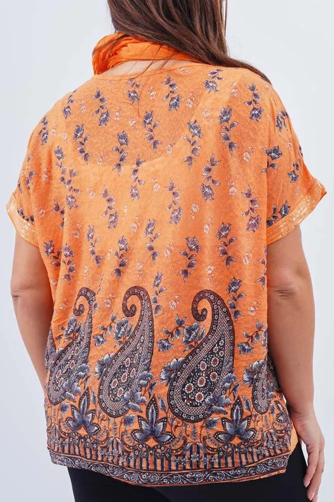 Paisley Floral Print Sequin Trim Hem Scarf Top