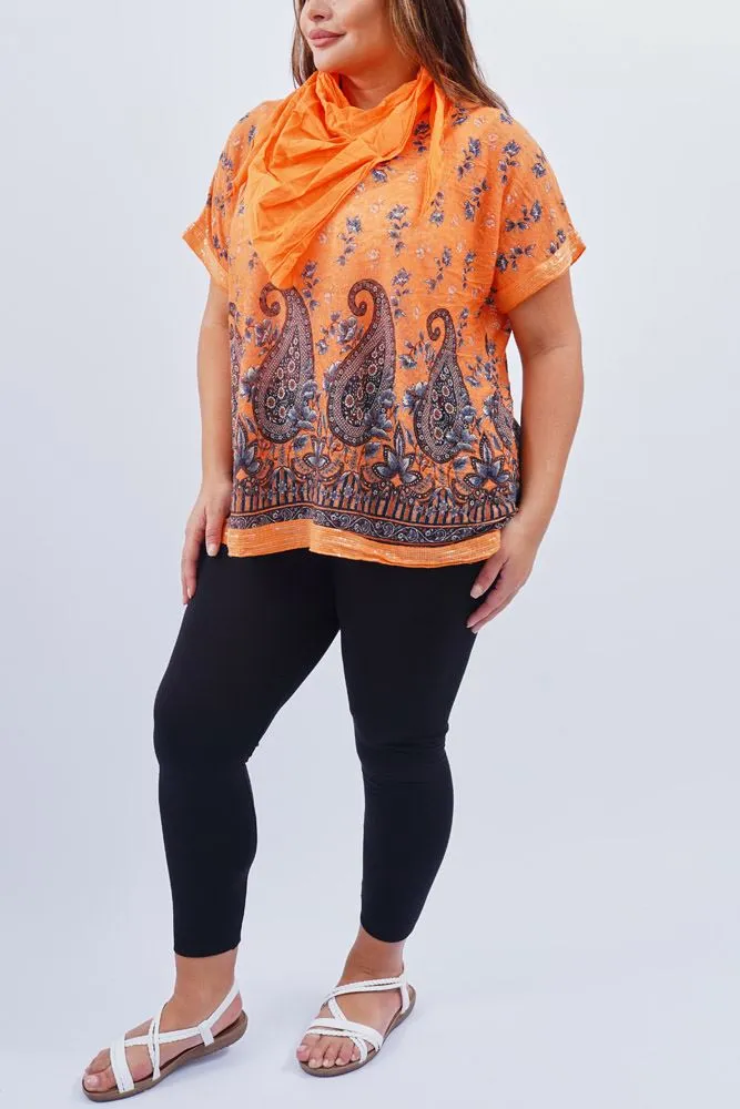 Paisley Floral Print Sequin Trim Hem Scarf Top