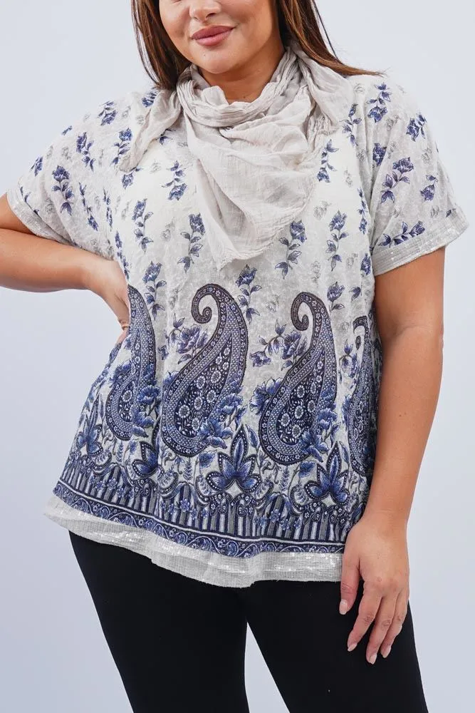 Paisley Floral Print Sequin Trim Hem Scarf Top