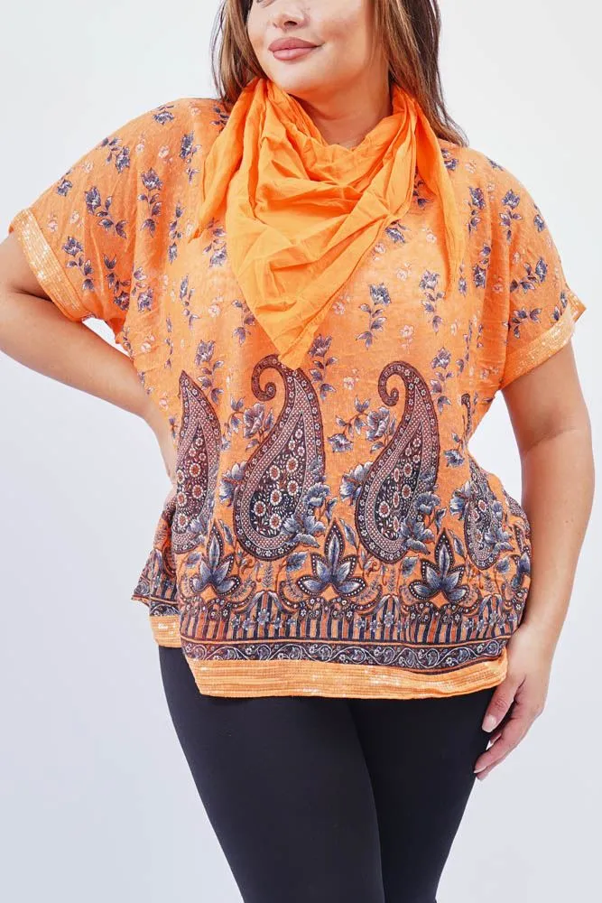 Paisley Floral Print Sequin Trim Hem Scarf Top