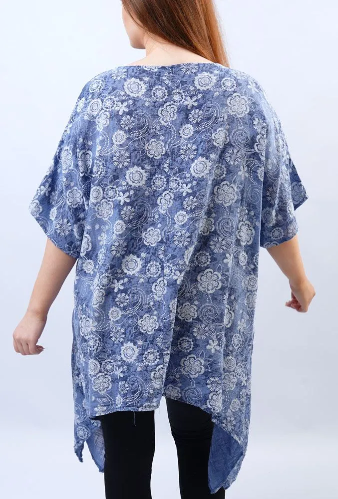 Paisley Flower Print Hanky Hem Cotton Top