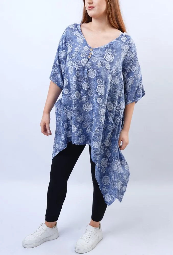 Paisley Flower Print Hanky Hem Cotton Top