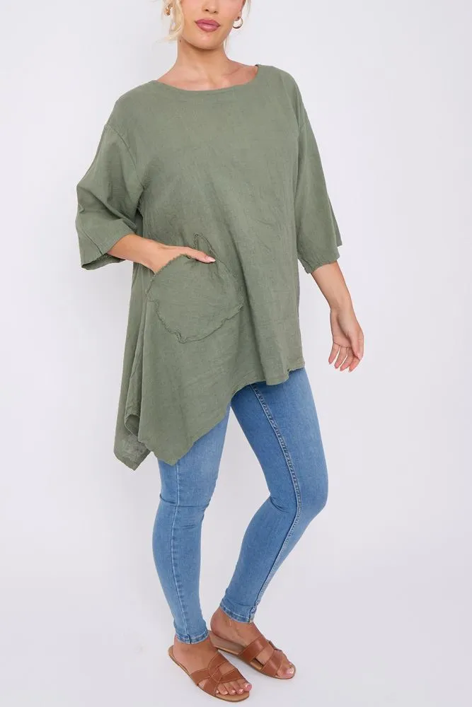 Plain Hanky Hem Pockets Linen Top