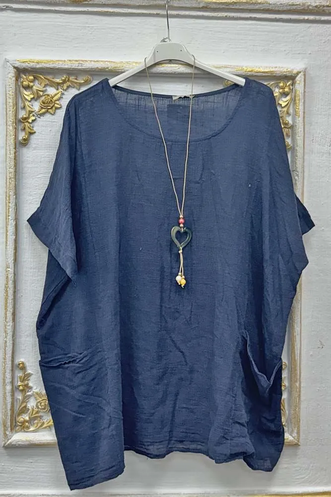 Plain Pockets Cotton Necklace Top