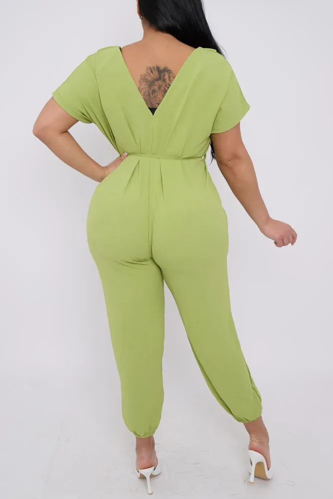 Plain Ruffle Front Drawstring Waist Jumpsuit