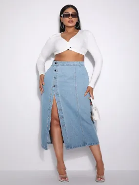 Plus Button Front Denim Skirt