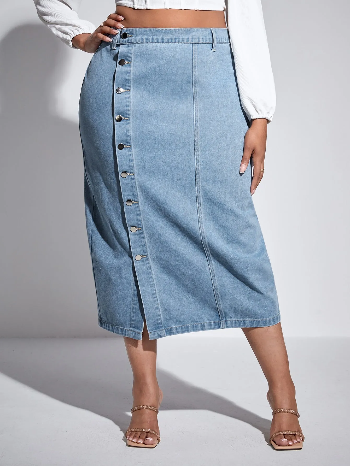 Plus Button Front Denim Skirt