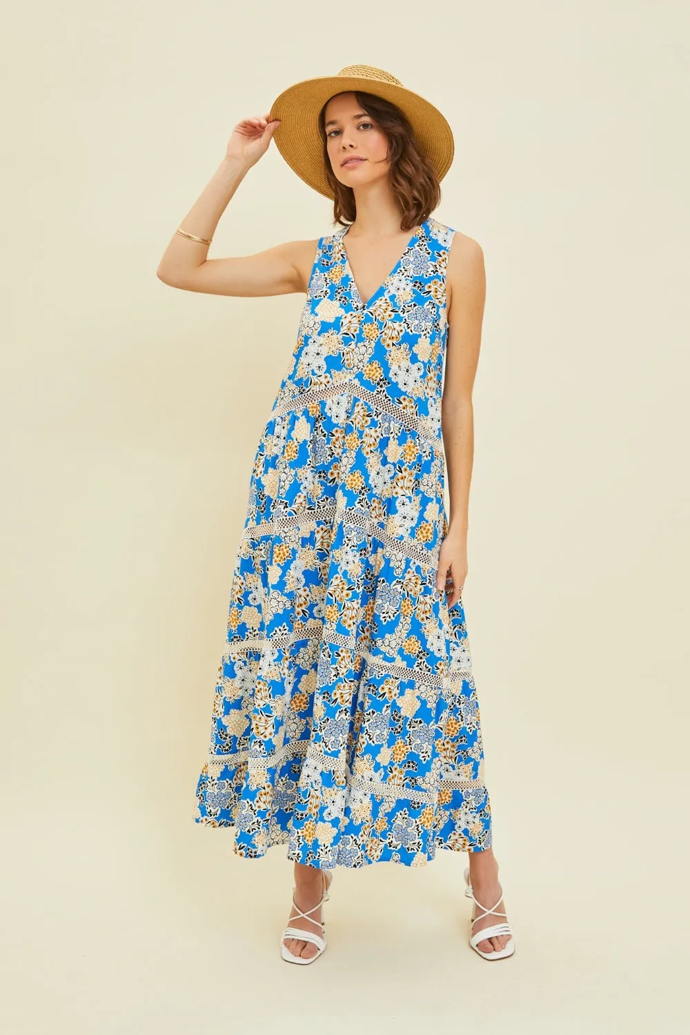 Pool Blue Floral Full Size Printed Crochet Trim Maxi Dress