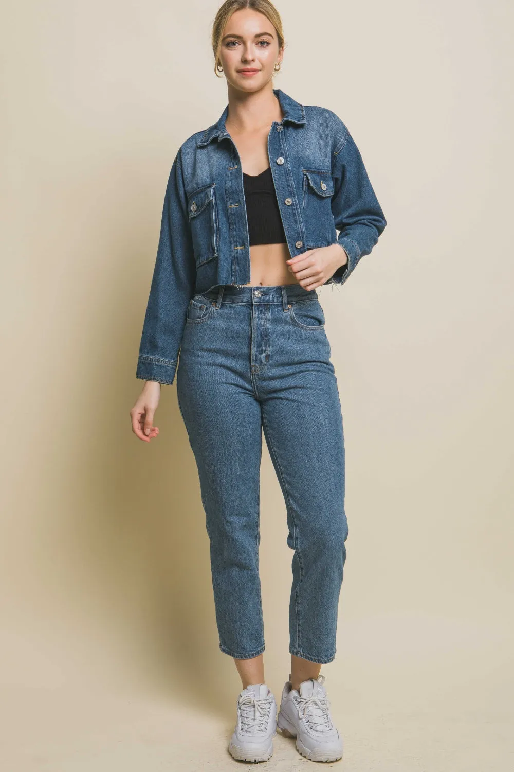 Raw Hem Button Up Cropped Denim Jacket