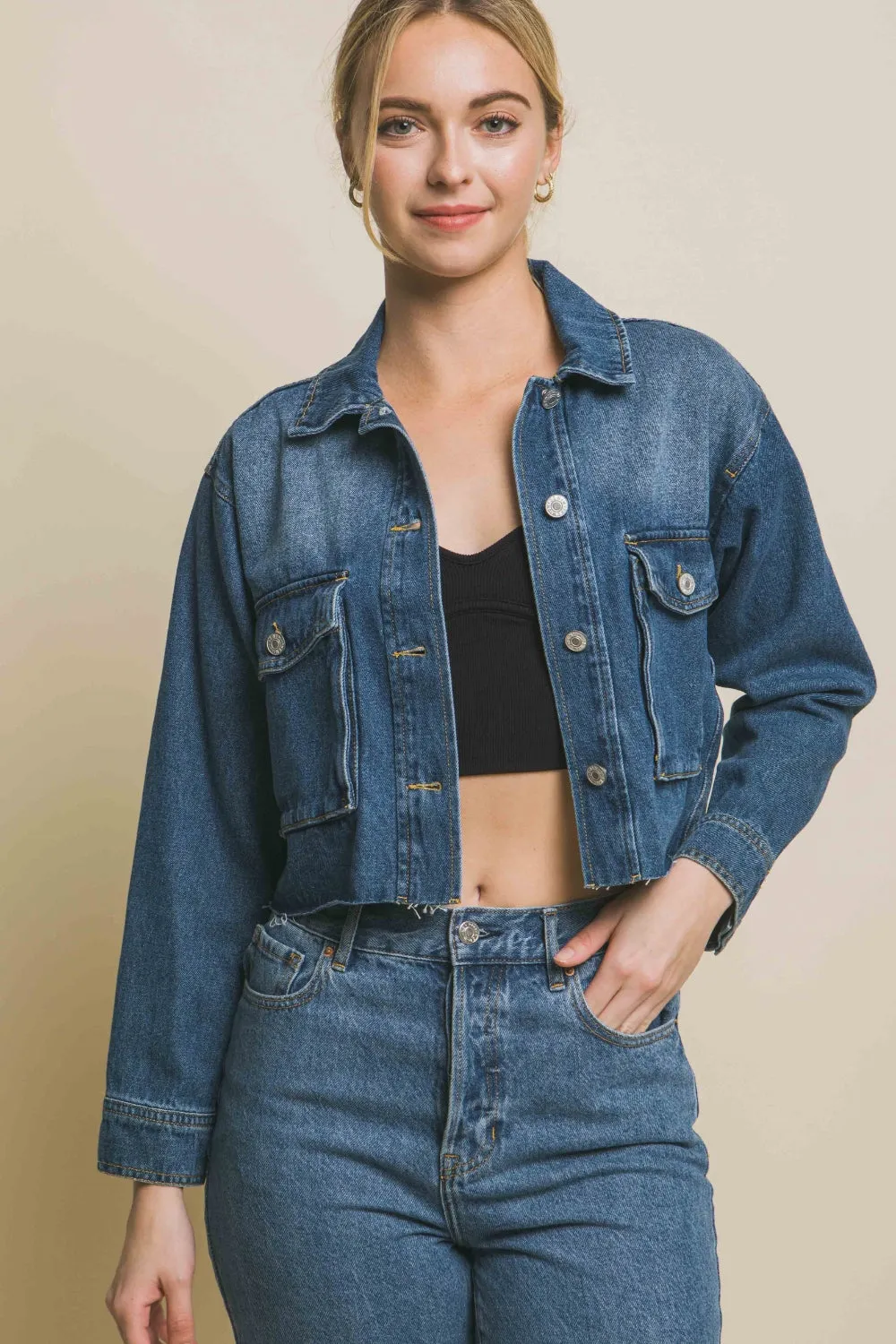 Raw Hem Button Up Cropped Denim Jacket