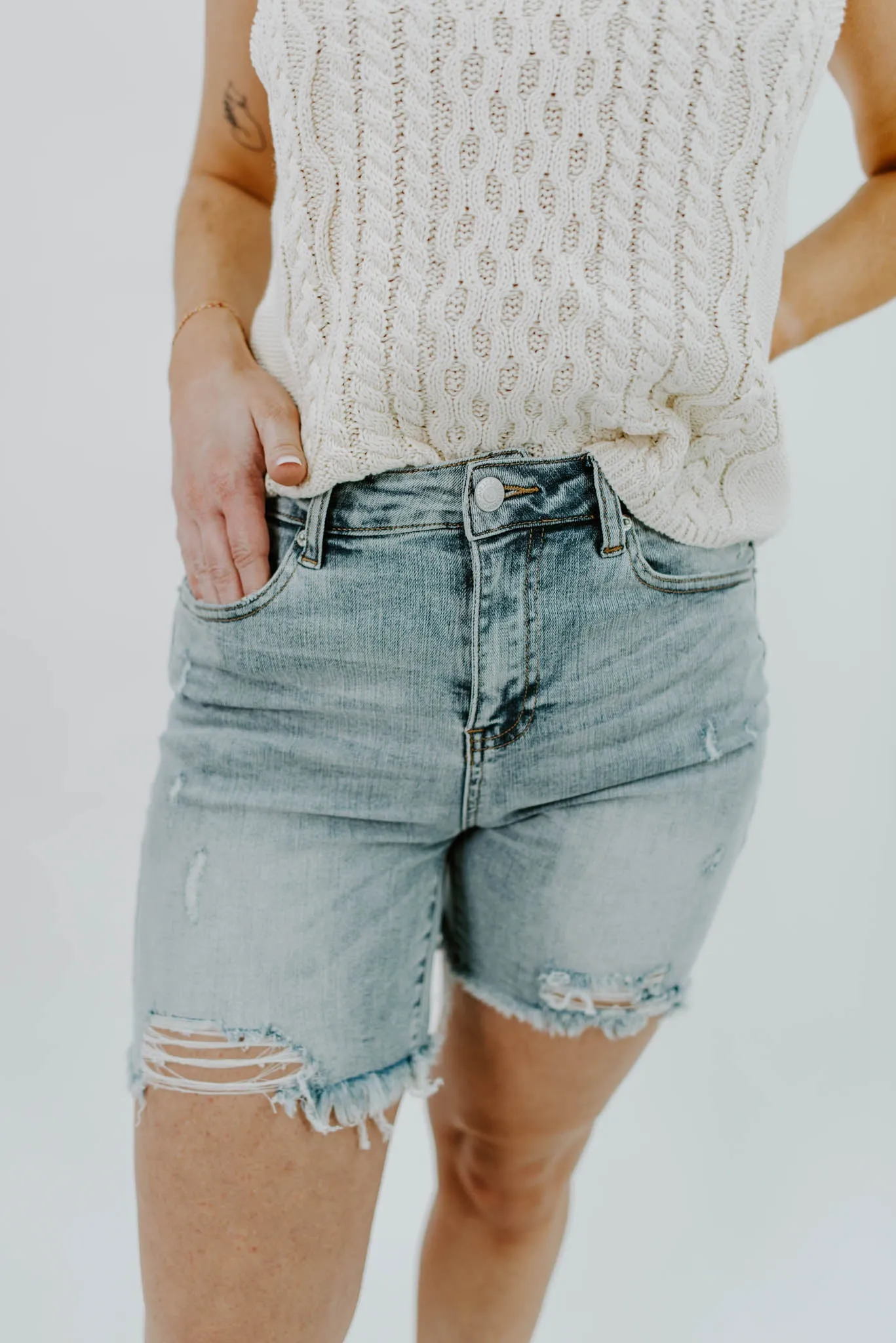 Risen Archie Distressed High Waist Bermuda Shorts