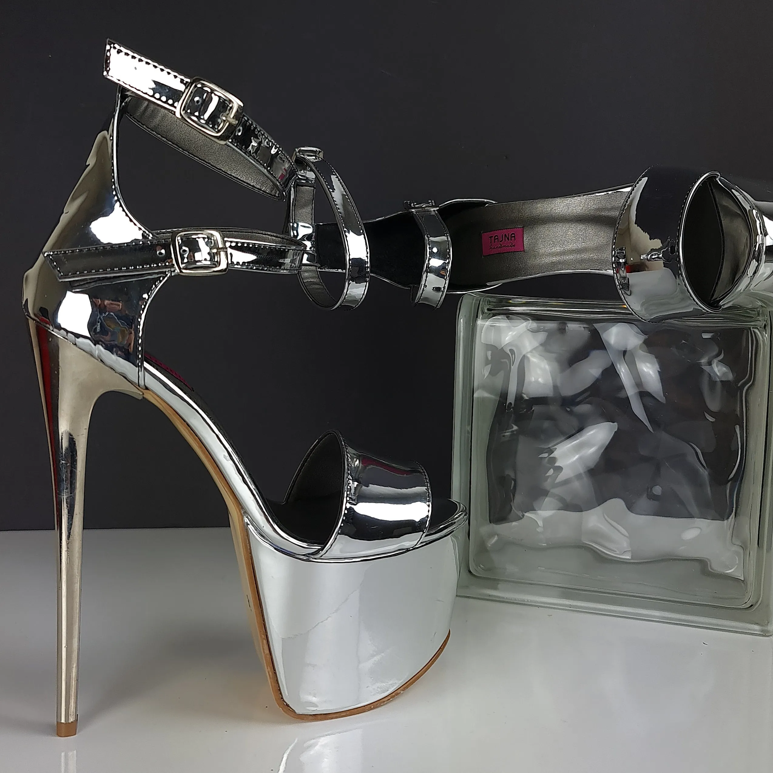 Silver Mirror Double Ankle Strap High Heels