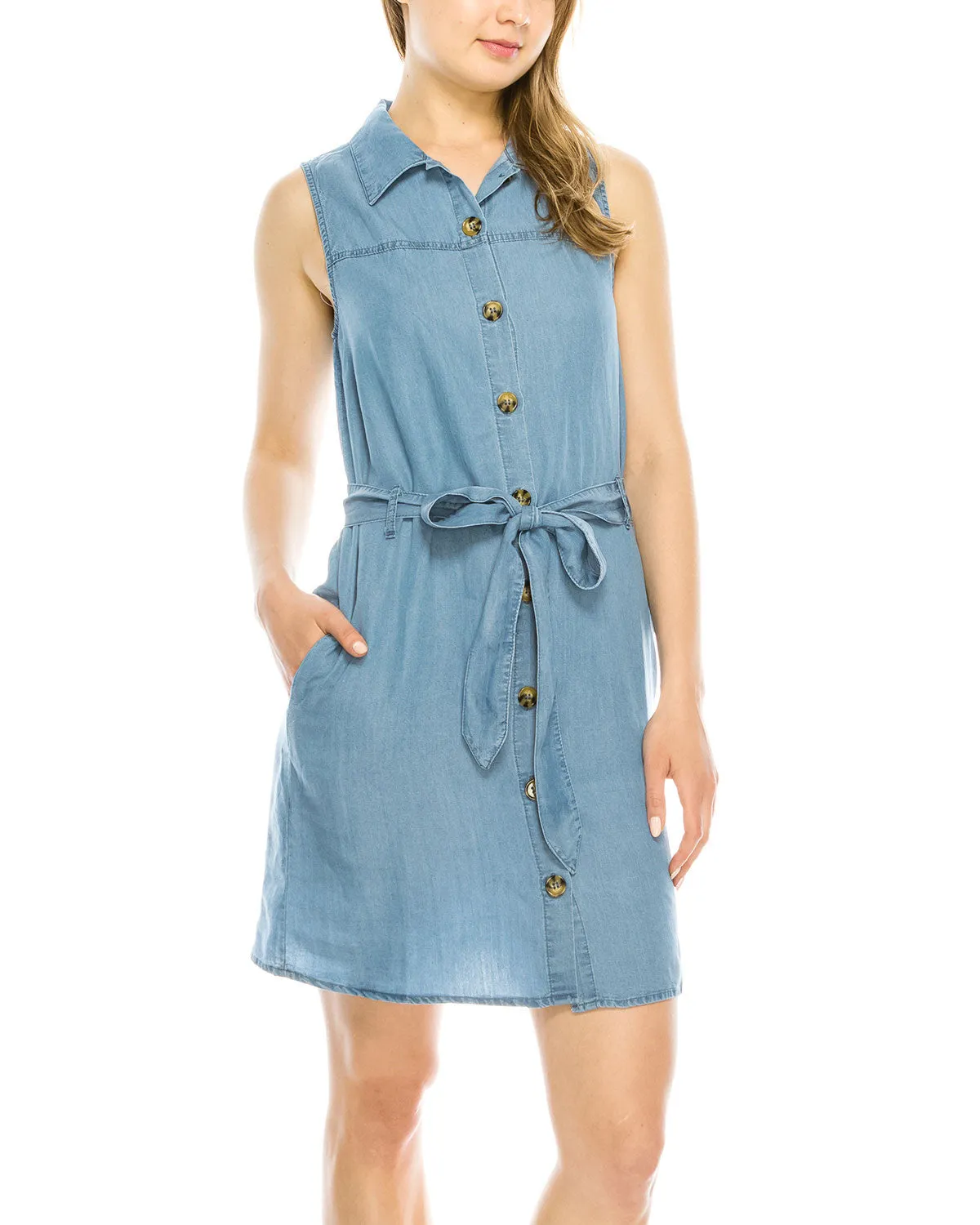 Summer Button Down Denim Shirt Dress with Front Tie Waist