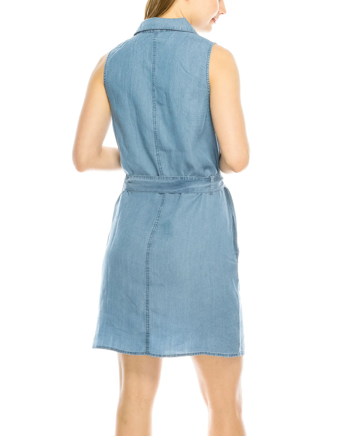 Summer Button Down Denim Shirt Dress with Front Tie Waist