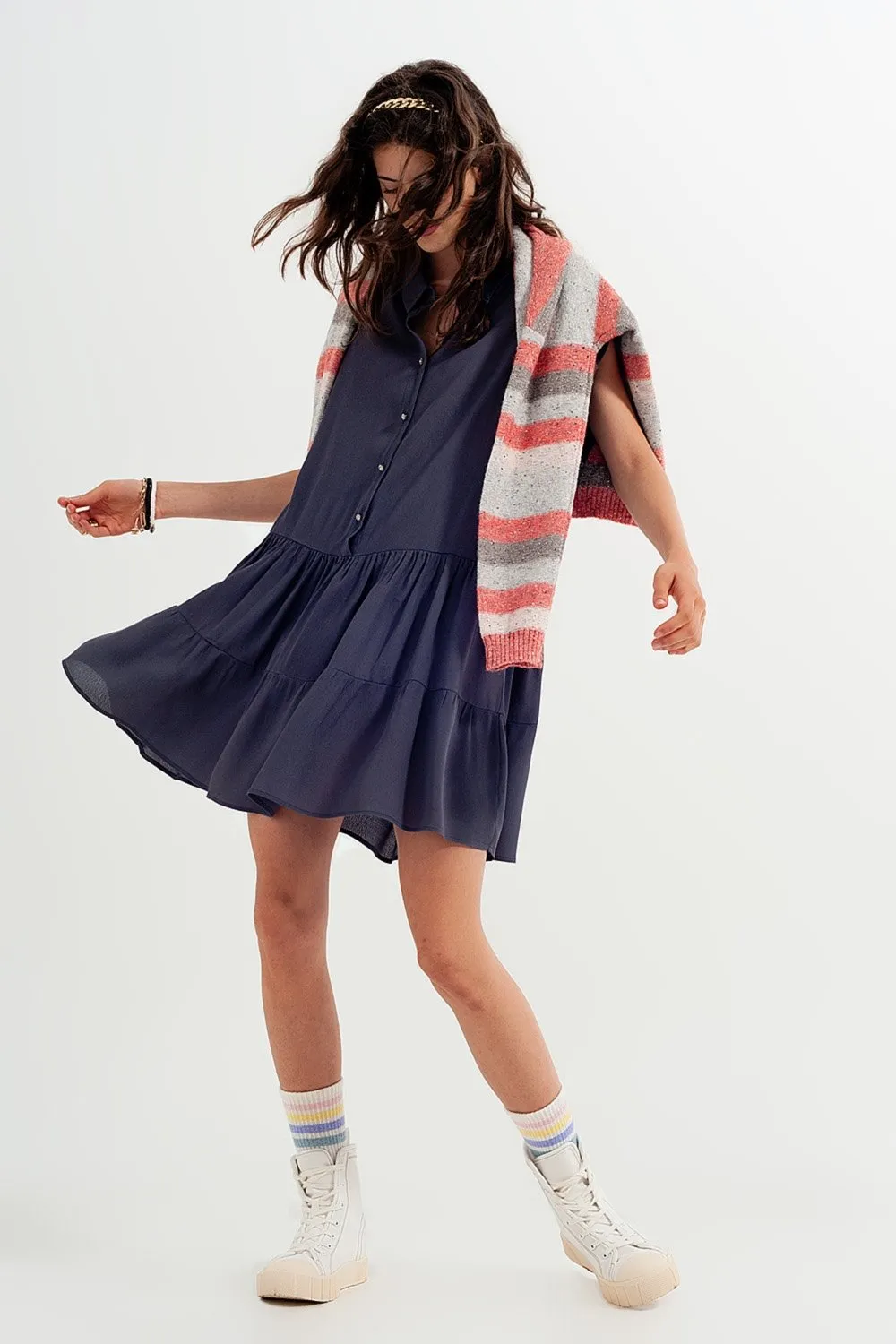 Tiered Hem Shirt Dress in Grey