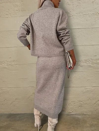 Turtleneck Dropped Shoulder Sweater Dress Set