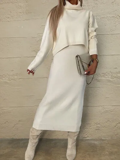 Turtleneck Dropped Shoulder Sweater Dress Set