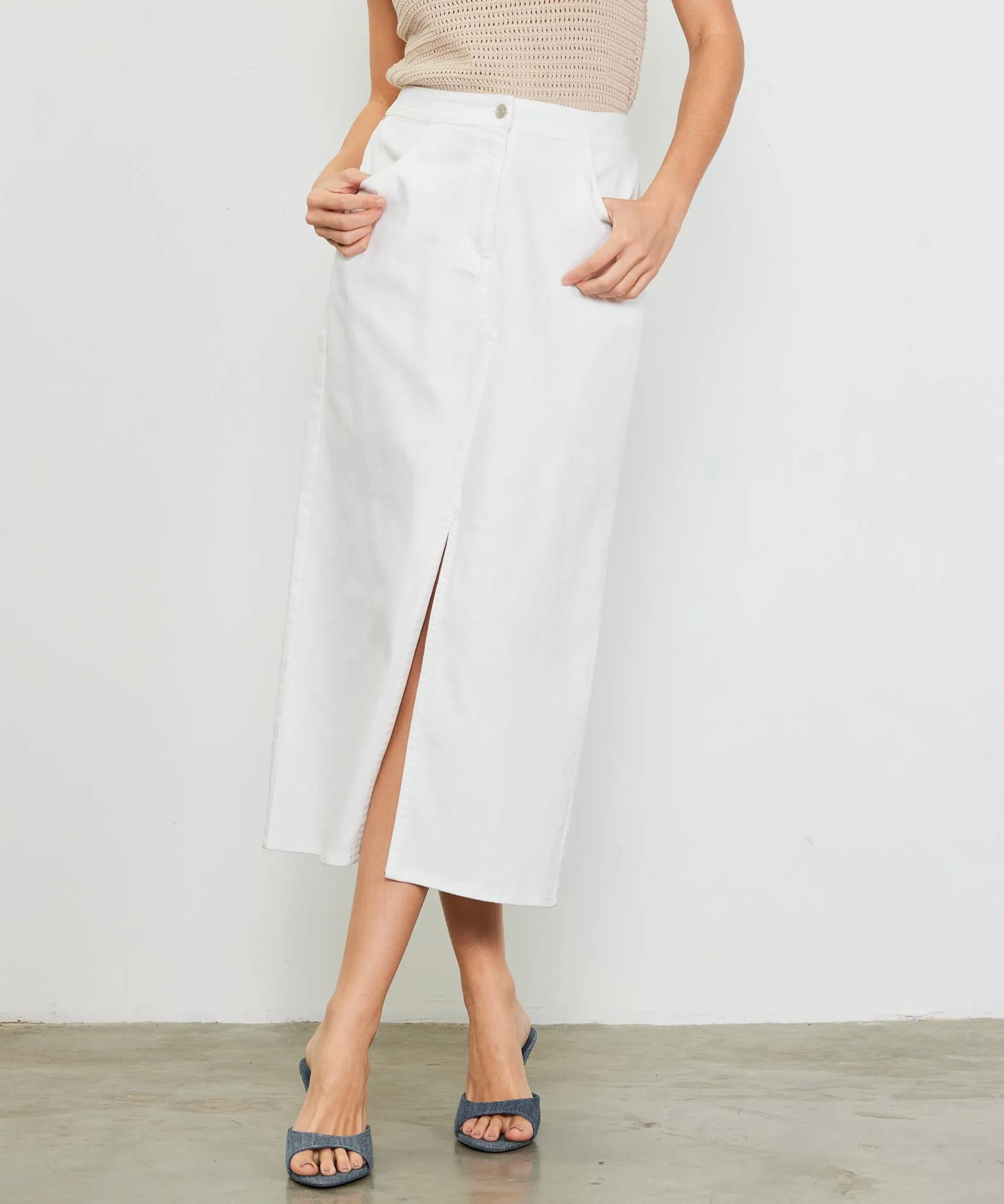 Washed Cotton Twill Maxi Skirt - White