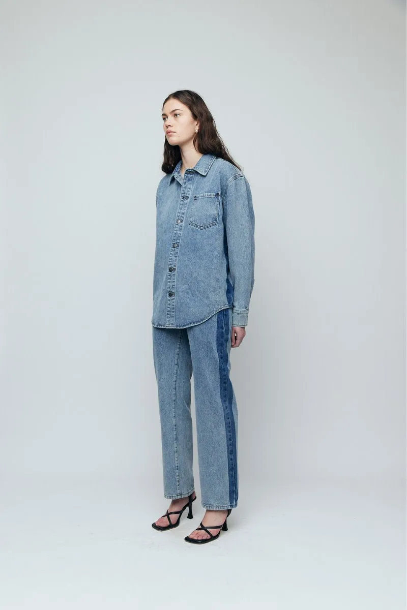 WOMEN DENIM SHIRT-TWO TONE BLUE