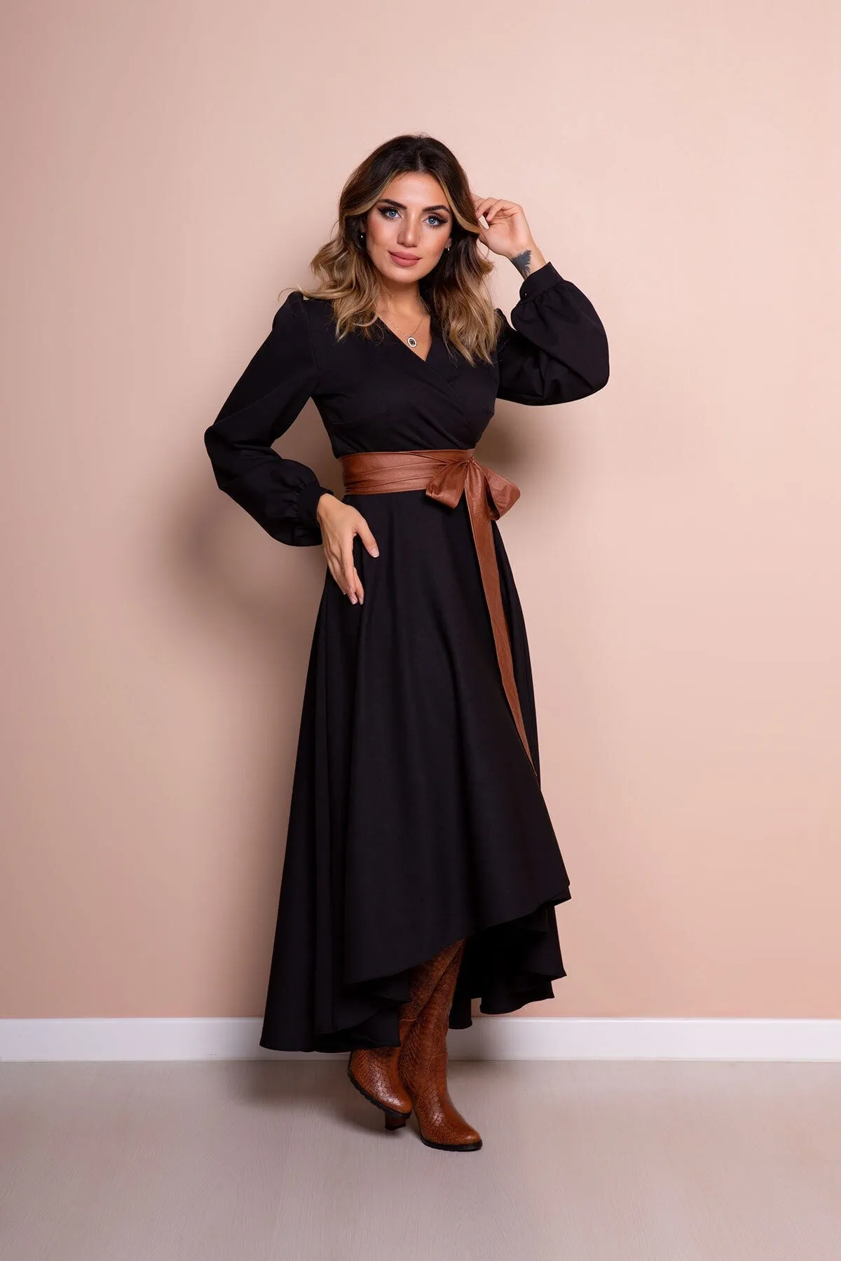 Women Leather Arch Long Sleeve Asymmetric Cut Dress - Bidoluelbise