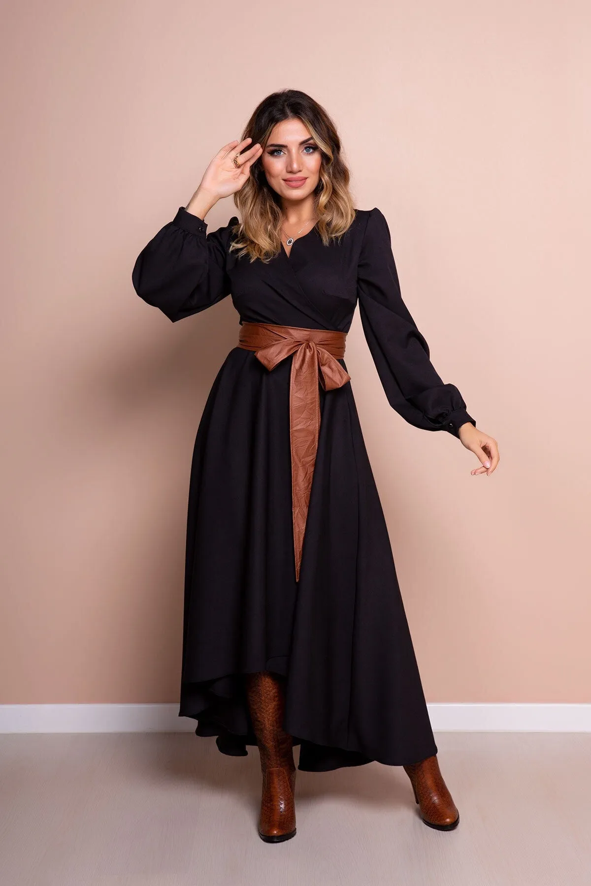 Women Leather Arch Long Sleeve Asymmetric Cut Dress - Bidoluelbise