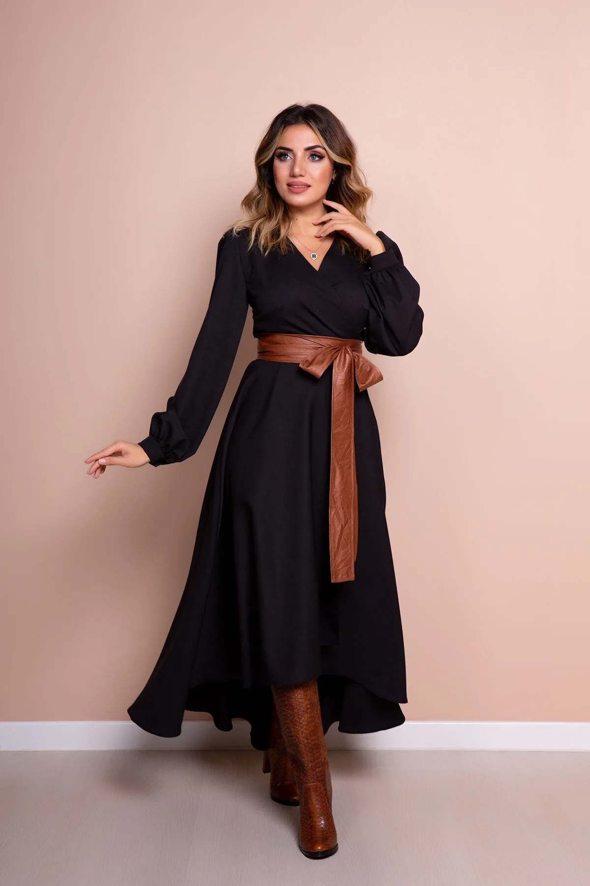 Women Leather Arch Long Sleeve Asymmetric Cut Dress - Bidoluelbise