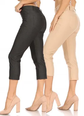 Women's 2 Pack Casual Comfy Slim Pocket Jeggings Jeans Capri Pants